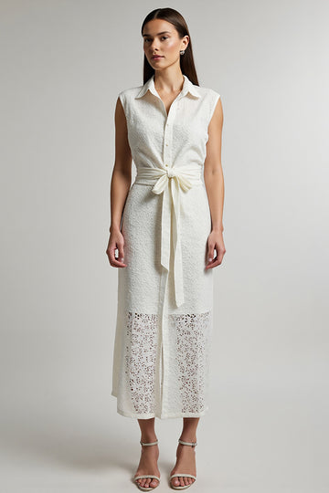 Lace Lapel A Line Ivory Work Dress With Sash